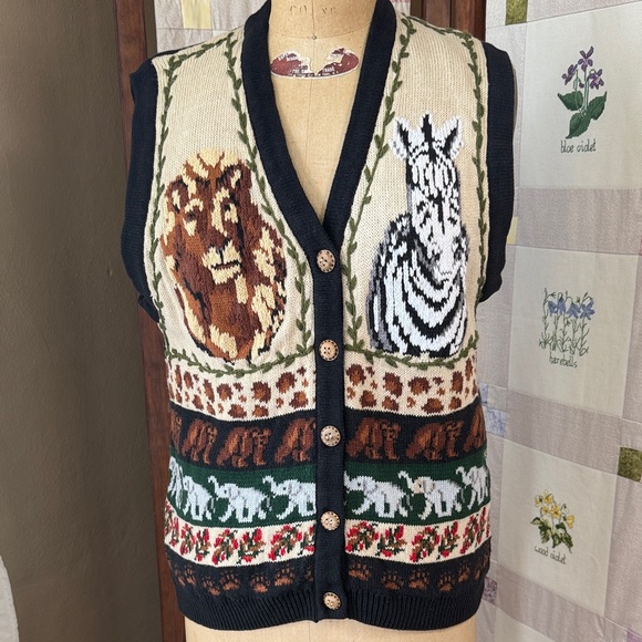 Vintage 90s Eagle’s Eye Safari Vest L – Wildlife Collection Lion Zebra Elephant - Picture 1 of 12